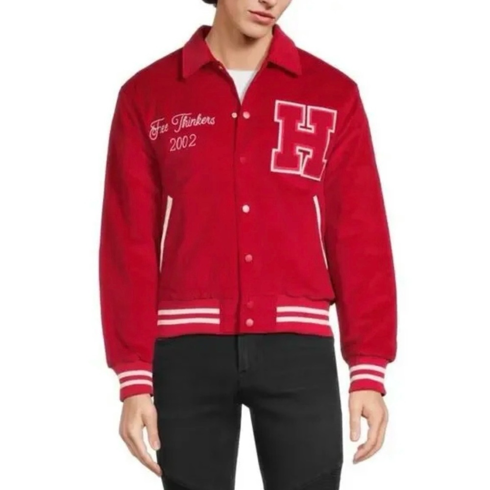 Men's Red Varsity Jacket with Embroidered Details